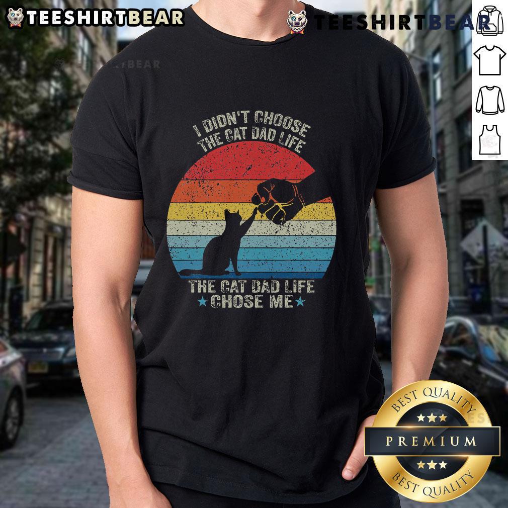 Nice Cat Dad Father's Day retro vintage sunset t-shirt featuring a playful cat silhouette against a colorful sunset backdrop.