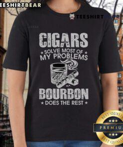 Womens tee featuring 'Nice cigars solve most of my problems, bourbon does the rest' slogan, perfect for cigar and bourbon lovers.