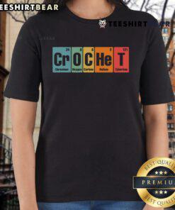 Colorful crochet periodic elements graphic on a ladies tee, perfect for chemistry lovers with a fun twist.