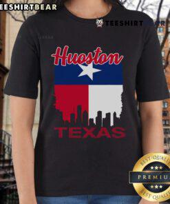 Vintage Houston Texas flag graphic on a ladies tee showcasing the beautiful Houston skyline design.