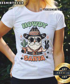 Ladies' Nice Howdy Santa Christmas Cow Tee featuring a festive Santa in a cow costume for holiday cheer.