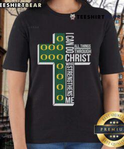 Oregon Ducks ladies tee featuring 'I Can Do All Things Through Christ Who Strengthens Me' design in vibrant colors.