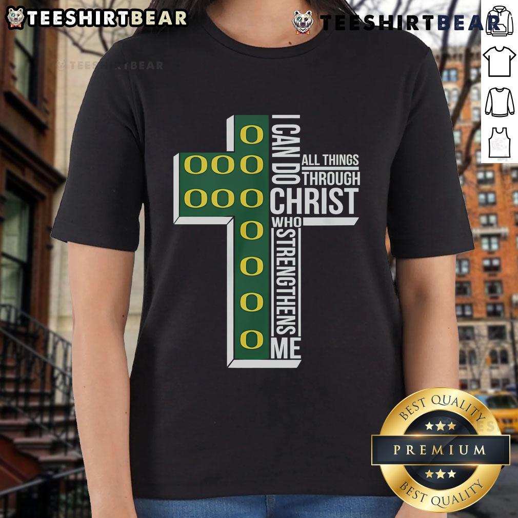 Oregon Ducks ladies tee featuring 'I Can Do All Things Through Christ Who Strengthens Me' design in vibrant colors.