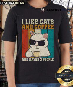 Vintage ladies tee featuring 'I Like Cats And Coffee' design, perfect for cat lovers and coffee enthusiasts.