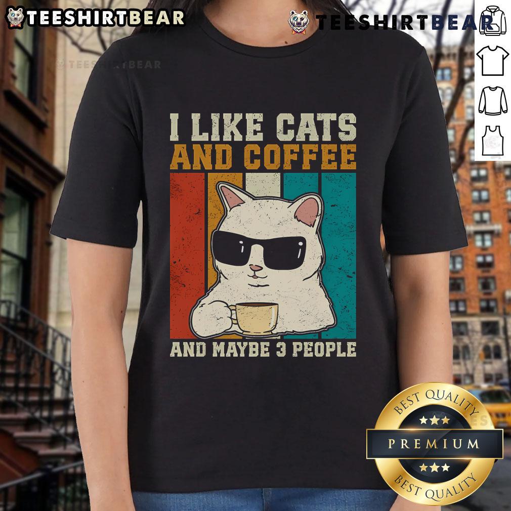 Vintage ladies tee featuring 'I Like Cats And Coffee' design, perfect for cat lovers and coffee enthusiasts.
