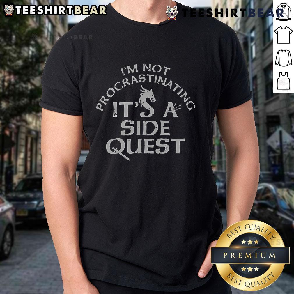 Funny 'Nice Im Not Procrastinating Its A Side Quest' T-Shirt showcasing gaming humor and procrastination theme.