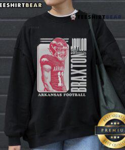 Cartoon design of Jaylon Braxton in Arkansas Football sweatshirt, showcasing team spirit and style for fans.