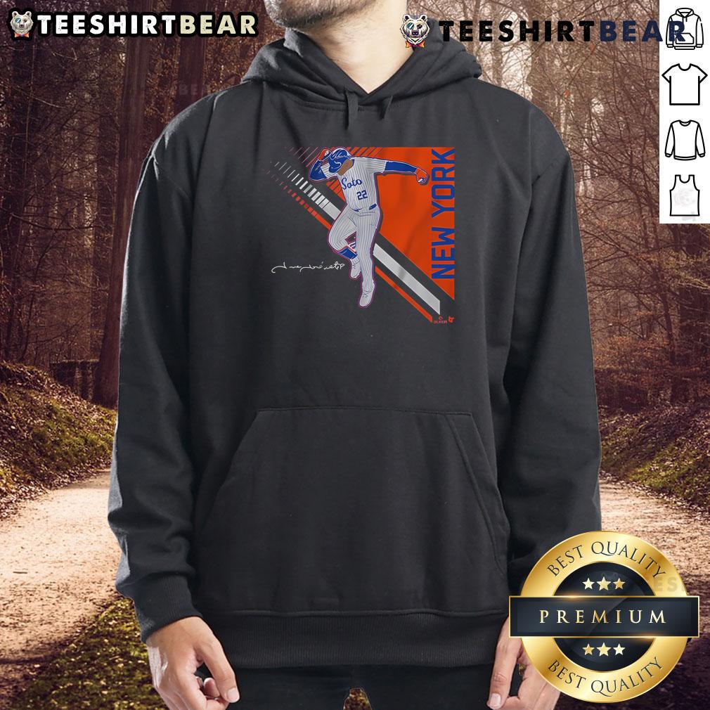 Juan Soto in a stylish pose wearing the Nice Juan Soto Queens Superstar Pose 2.0 Hoodie, showcasing athletic fashion.