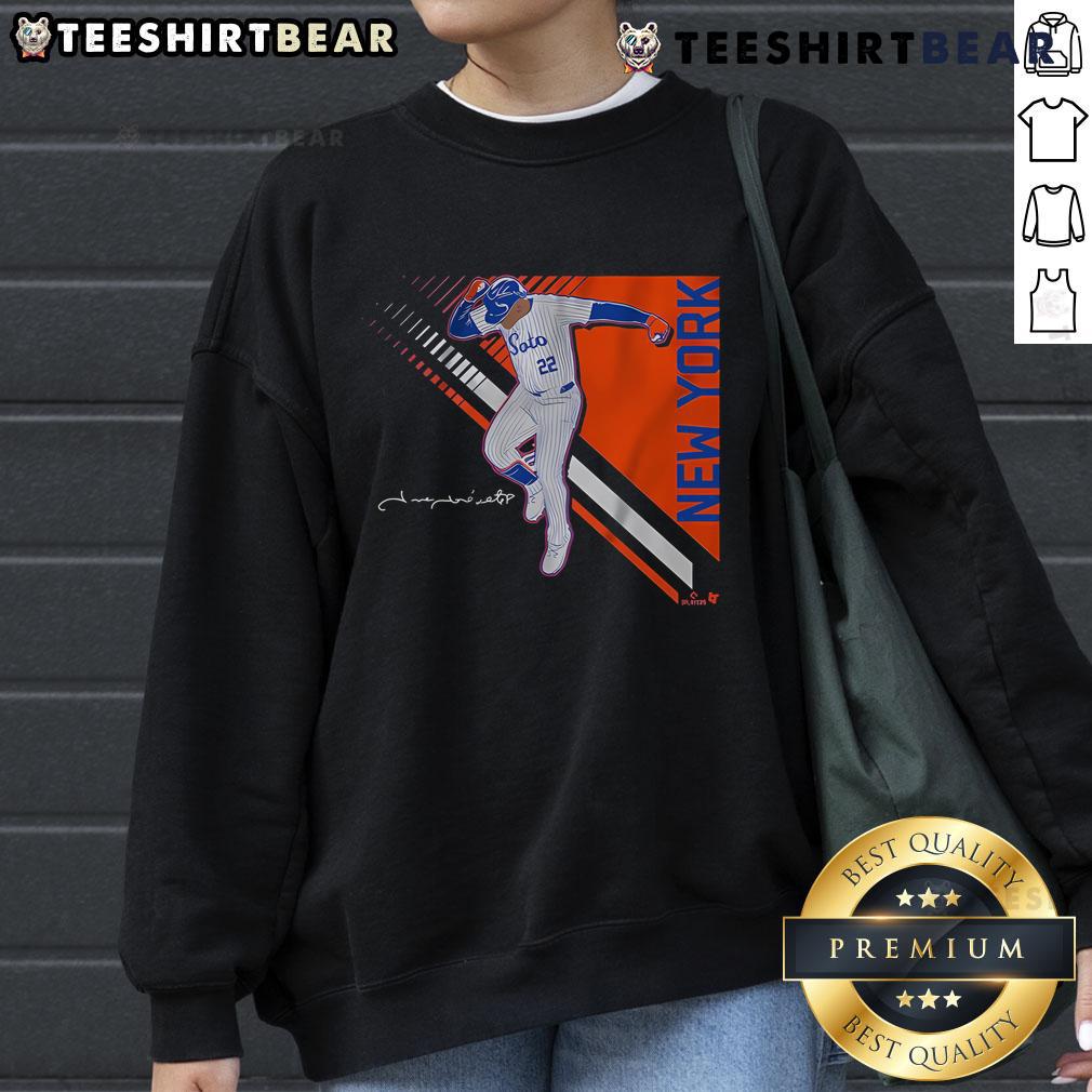 Juan Soto posing confidently in a stylish Queens Superstar 2.0 sweatshirt, showcasing his unique fashion sense and personality.