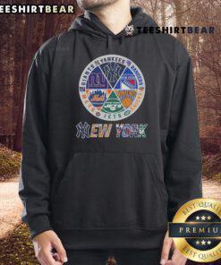 Nice Knicks X Mets X Yankees X Jets X Giants X Rangers circle hoodie showcasing team logos in a vibrant design.