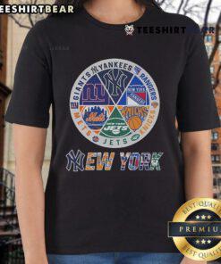 Stylish Nice Knicks X Mets X Yankees X Jets X Giants X Rangers Circle Ladies Tee showcasing favorite NYC sports teams.