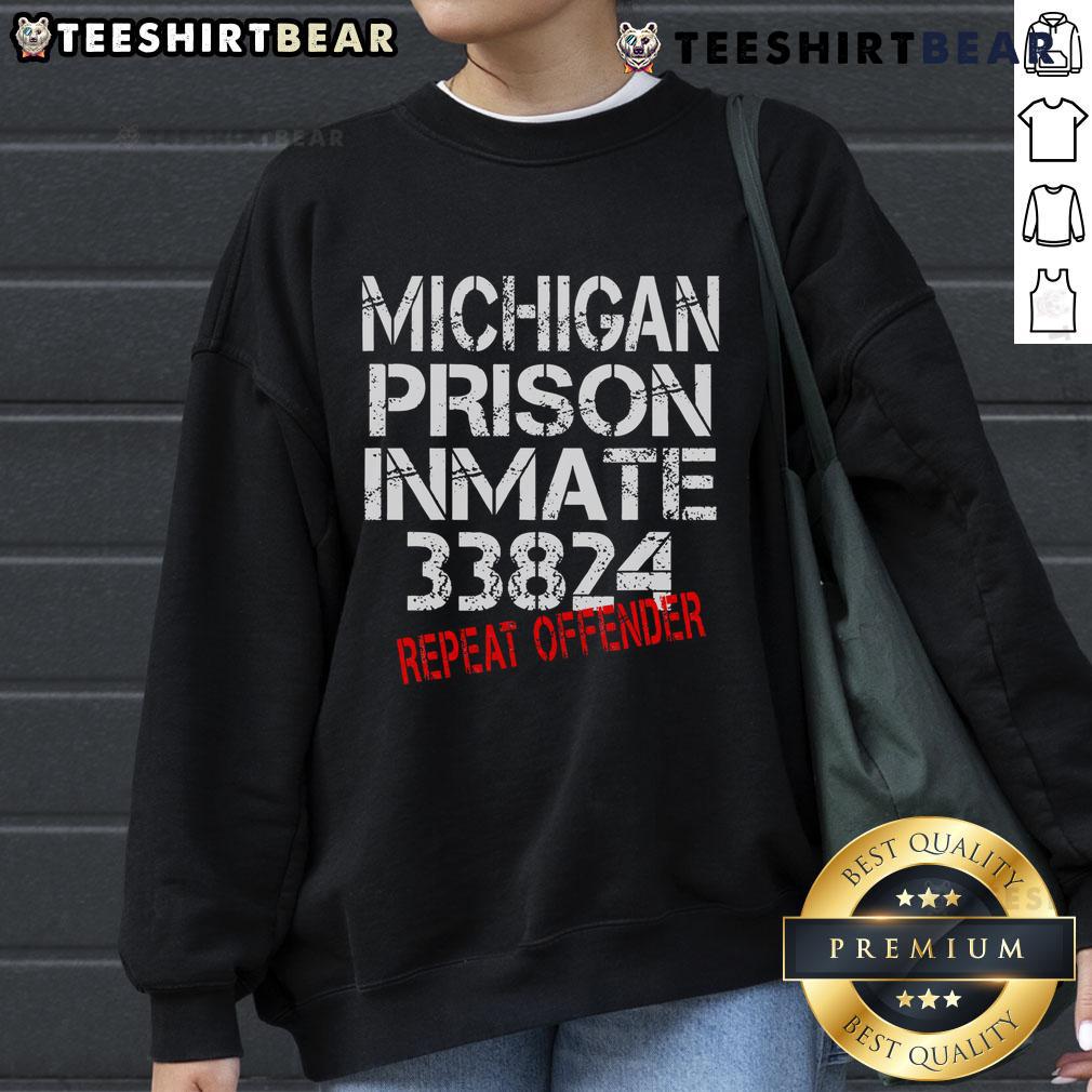 Alt Text: Inmate 33824 wearing a Nice Michigan prisoner sweatshirt, showcasing prison style and inmate identity.