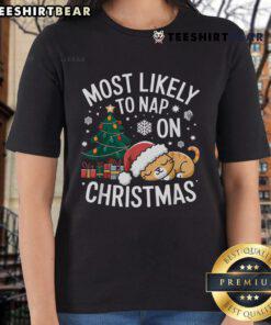 Matching Family Christmas ladies tee featuring 'Most Likely To Nap On Christmas' design, perfect for holiday comfort.