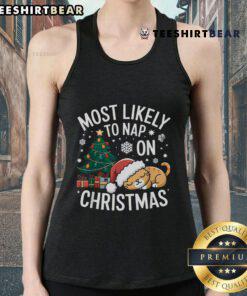 Family wearing matching 'Most Likely To Nap On Christmas' tank tops, celebrating the holiday season together.