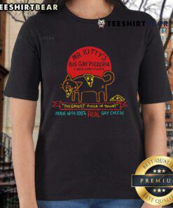 Nice Mr. Kitty's Big Gay Pizzeria Ladies Tee featuring colorful pizza design, the gayest pizza in town.