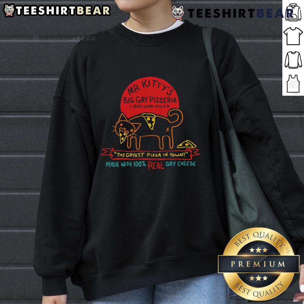 Nice Mr. Kitty's Big Gay Pizzeria sweatshirt featuring vibrant colors and fun graphics, the gayest pizza in town.