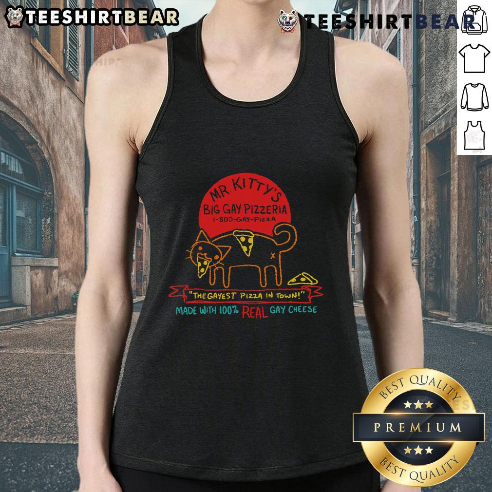 Nice Mr. Kitty's Big Gay Pizzeria tank top featuring colorful graphics, promoting the gayest pizza in town.