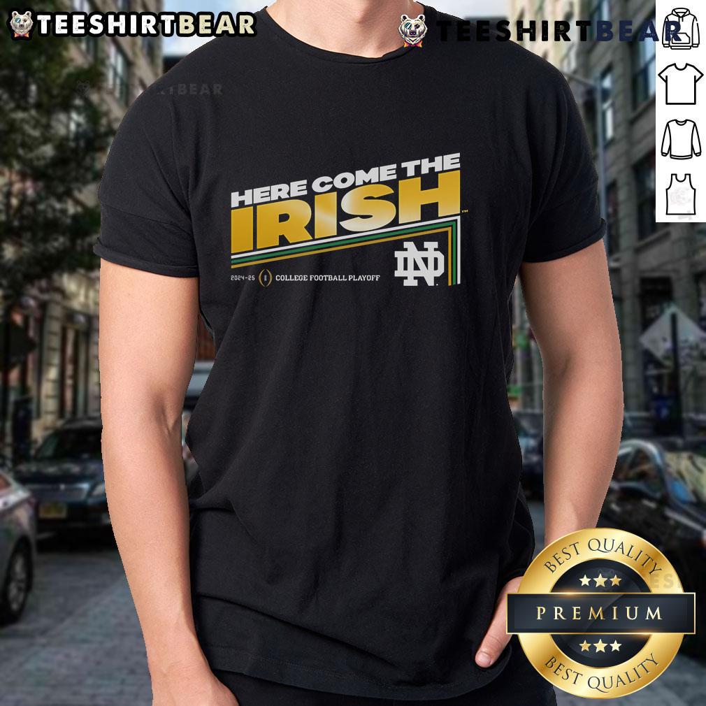 Notre Dame Fighting Irish 2024-2025 College Football Playoff T-Shirt featuring bold 'Here Come The Irish' design.