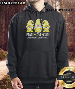 Cozy hoodie featuring 'Peace Love Cure' design with albinism and cancer awareness ribbons and gnomies illustration.