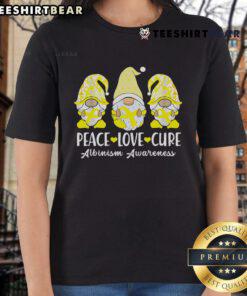 Nice Peace Love Cure Albinism Cancer Awareness Ribbon Gnomies Ladies Tee featuring colorful gnome designs promoting awareness.
