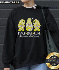 Cozy sweatshirt featuring 'Peace Love Cure' design with albinism and cancer awareness ribbons and cute gnomies.