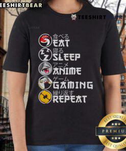 Retro Eat Sleep Anime Gaming Repeat Tee for ladies, featuring kawaii anime and manga designs, perfect for gamers.