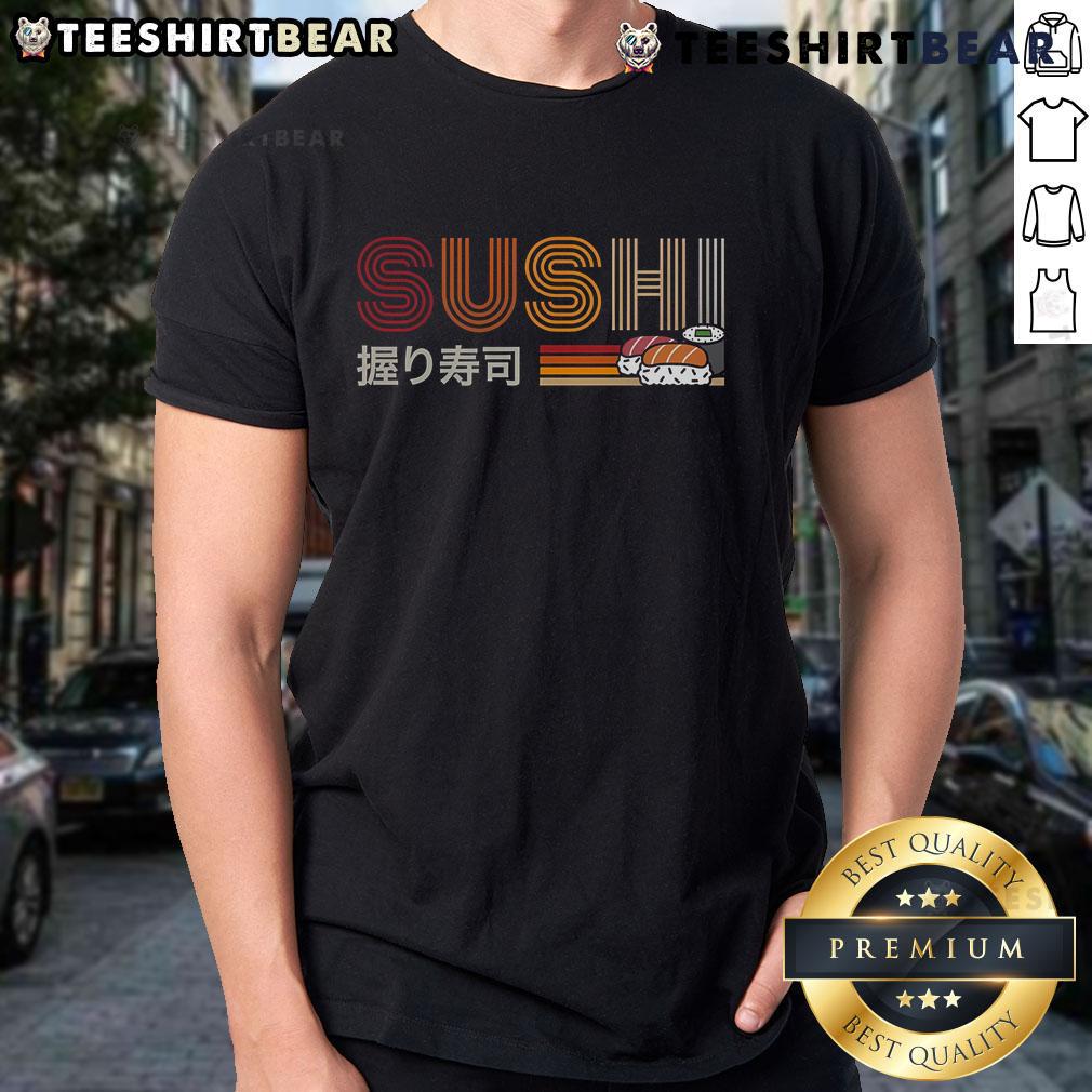 Nice retro sushi t-shirt featuring colorful sushi designs, perfect for sushi lovers and casual wear enthusiasts.