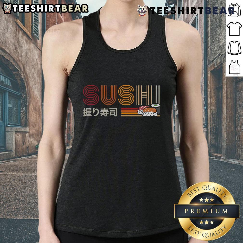 Stylish retro sushi tank top featuring colorful sushi graphics, perfect for sushi lovers and casual summer wear.