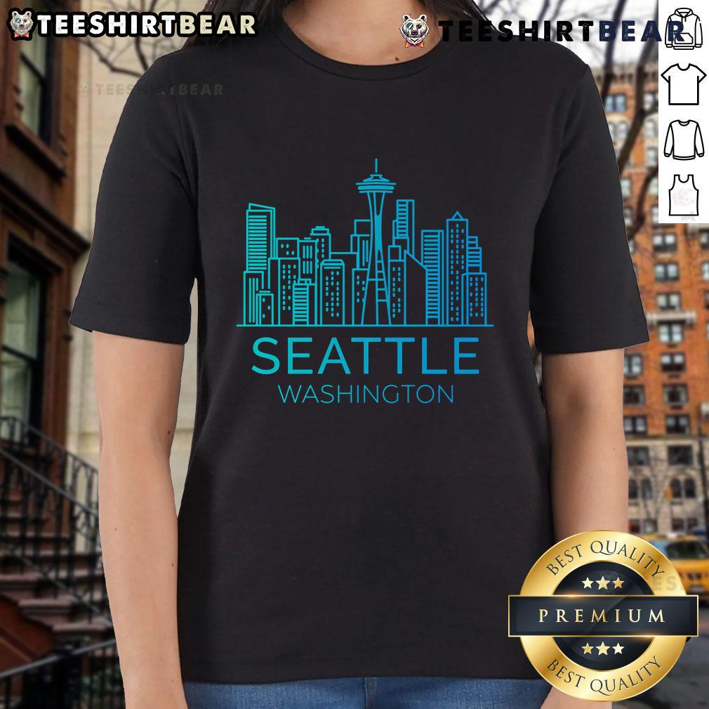 Downtown Seattle skyline on a ladies tee, showcasing iconic buildings and vibrant city life in Washington.