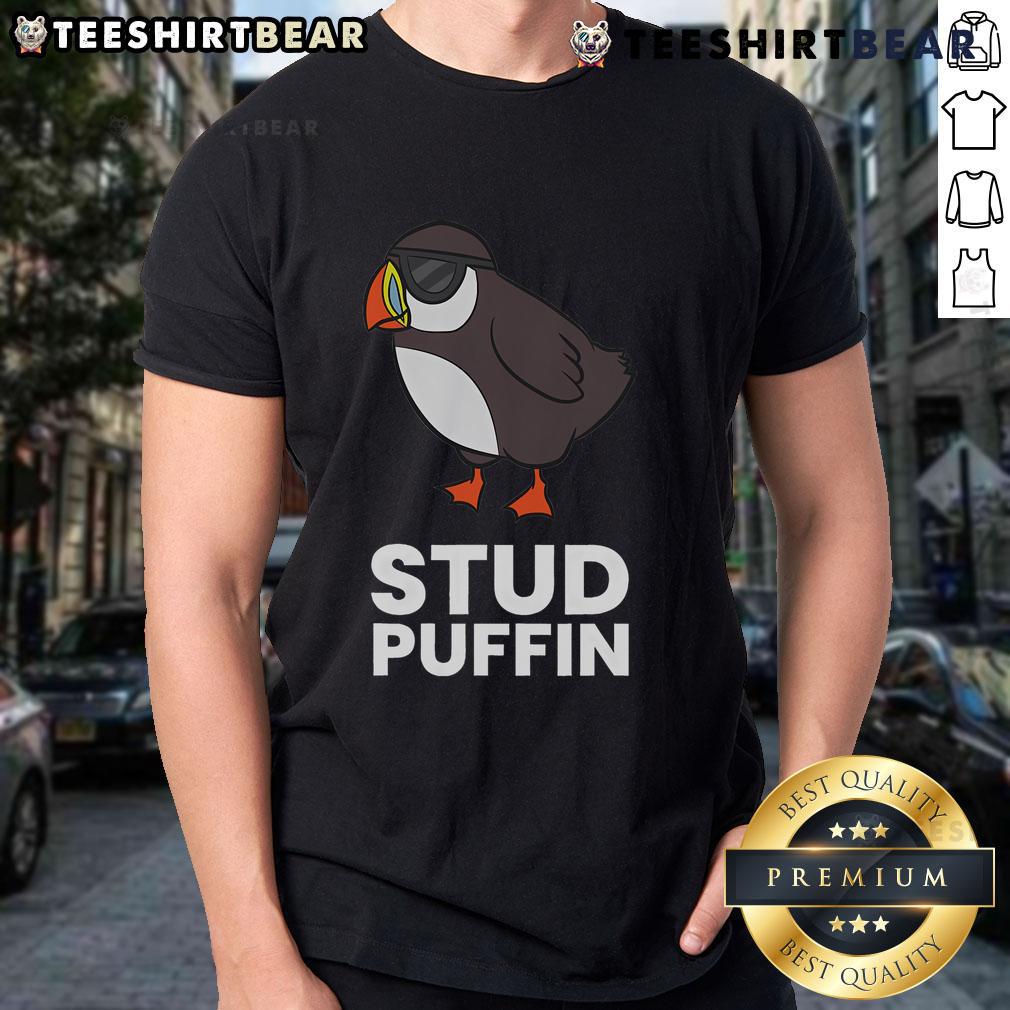Colorful 'Nice Stud Puffin Seabird Muffin' T-shirt featuring a playful puffin bird design, perfect for nature lovers.