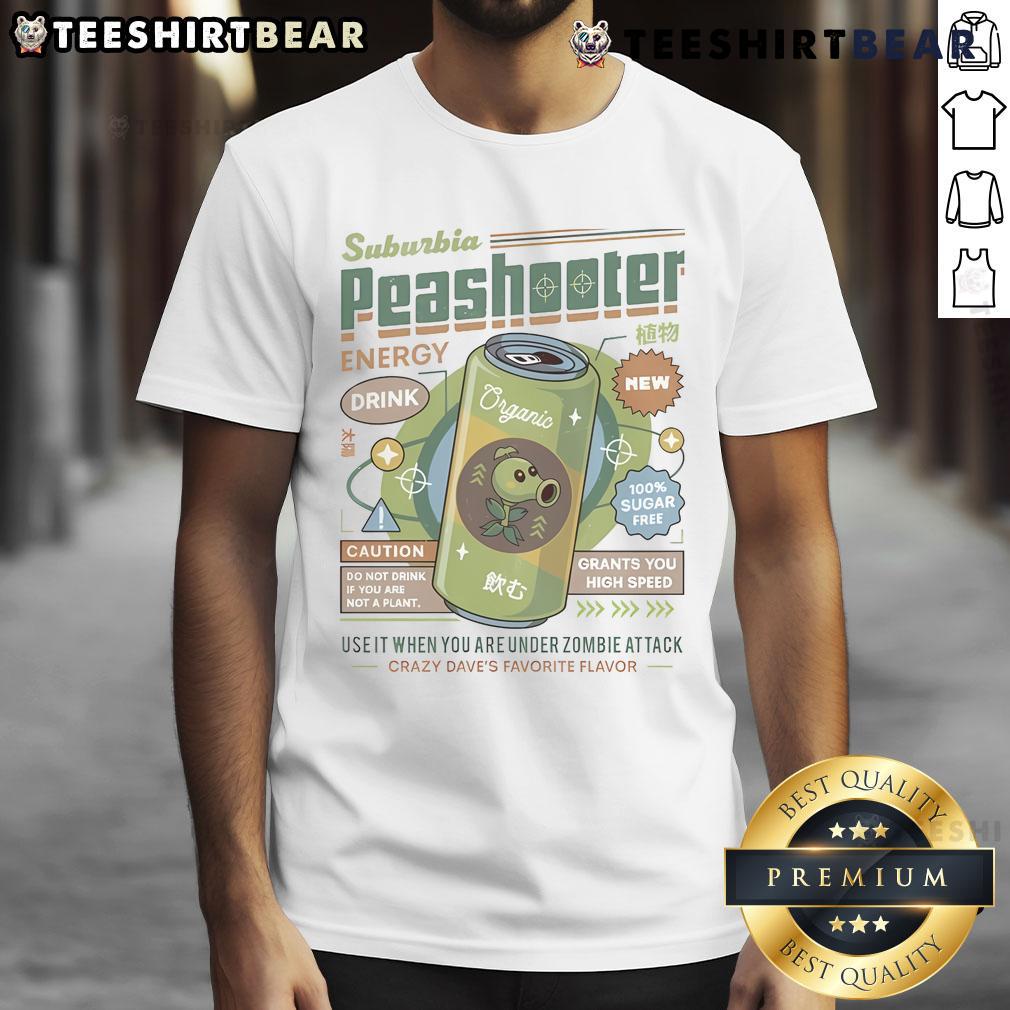 Funny 'Nice Suburbia Peashooter' t-shirt featuring Crazy Daves favorite flavor, perfect for zombie attack fans.