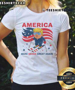Nice USA Apres Ski 'Make Skiing Great Again' Donald Trump Ladies Tee showcasing a fun ski-themed graphic design.
