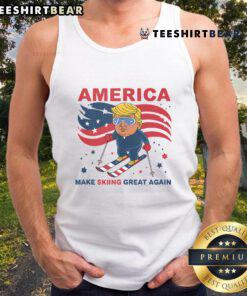 Alt Text: Donald Trump tank top design featuring 'Make Skiing Great Again' slogan for aprs ski enthusiasts in the USA.