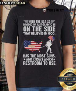 Ladies tee featuring 'Nice With The USA, So Divide' design, expressing faith and patriotism in a stylish way.