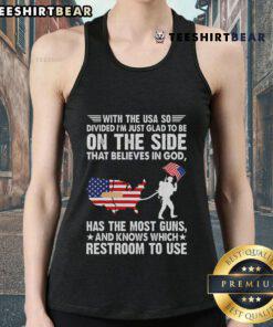 Person wearing 'Nice With The USA' tank top, expressing faith and belief in God, showcasing patriotic spirit.