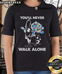 Blue Detroit Lions Ladies Tee with 'You'll Never Walk Alone' graphic, perfect for fans showing team spirit.