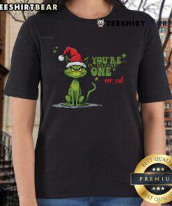 Meowy Christmas ladies tee featuring a playful cat in a festive outfit, perfect for cat lovers celebrating the holiday season.