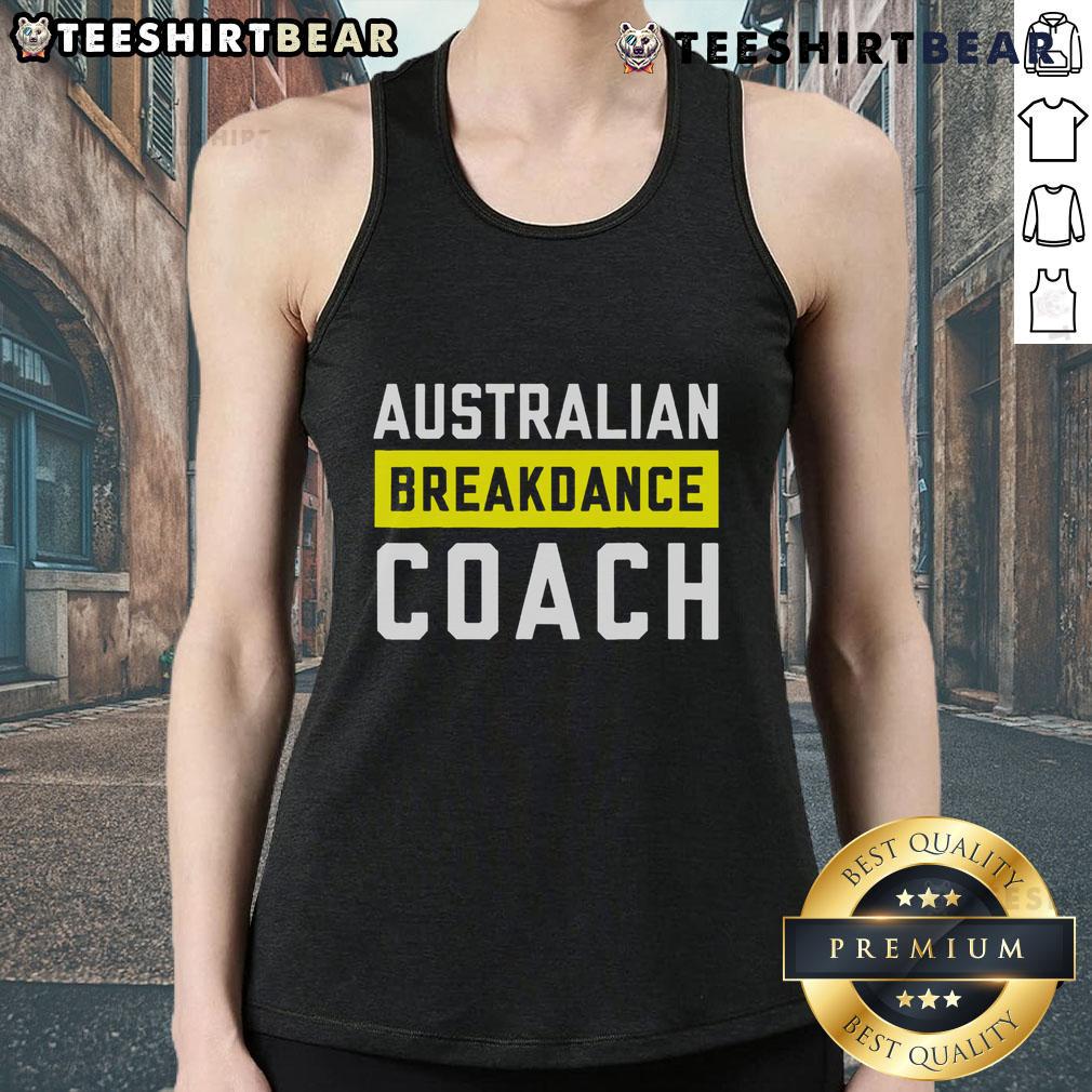 Official Australian breakdancing costume featuring a coach and break dancer in matching tank tops for performance.