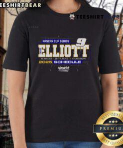 Alt Text: Official Chase Elliott Hendrick Motorsports Ladies Tee featuring the 2025 NASCAR Cup Series schedule design.
