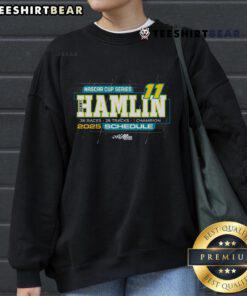 Alt Text: Official Denny Hamlin Joe Gibbs Racing Team Collection sweatshirt featuring the 2025 NASCAR Cup Series schedule.