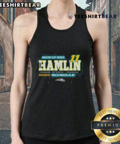 Alt Text: 2025 NASCAR Cup Series Schedule tank top featuring Denny Hamlin and Joe Gibbs Racing Team design.