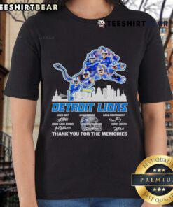 Official Detroit Lions Thank You For The Memories Signature Tee featuring the city skyline, perfect for female fans.