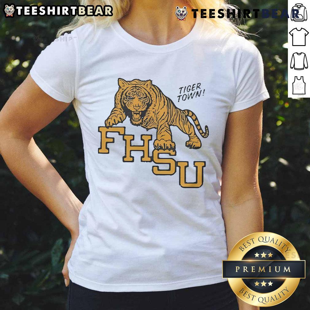 Alt Text: Official Fort Hays State Tiger Town Ladies Tee in vibrant colors, perfect for fans of Fort Hays State University.