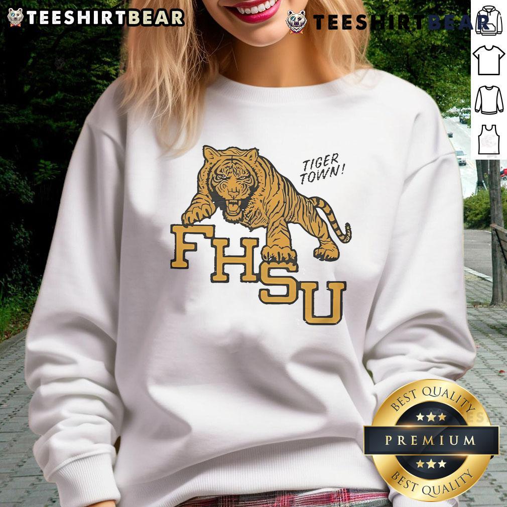 Alt Text: Official Fort Hays State Tiger Town sweatshirt featuring vibrant colors and the iconic tiger logo, perfect for fans.