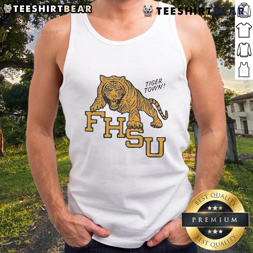 Alt Text: Official Fort Hays State Tiger Town tank top featuring the school logo and vibrant colors, perfect for fans and alumni.