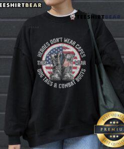 Heroes Don't Wear Capes sweatshirt featuring dog tags and combat boots, perfect for proud military supporters.