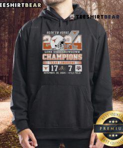 Texas 2024 Lone Star Showdown champions hoodie featuring 'Hook 'Em Horns' and scores 17-7, perfect for fans.