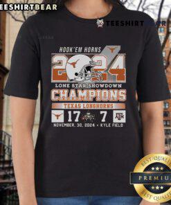 Official Hook 'Em Horns 2024 Lone Star Showdown Champions Texas 17-7 Ladies Tee showcasing Texas pride and style.