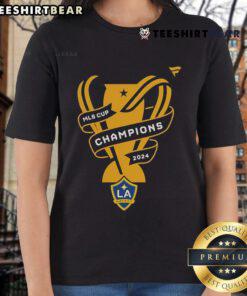Official LA Galaxy Fanatics Black 2024 MLS Cup Champions Locker Room Ladies Tee showcasing team pride and style.