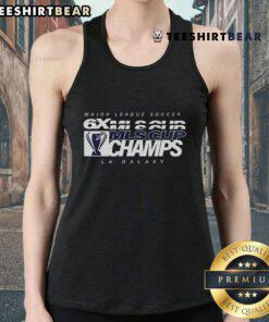 Official LA Galaxy six-time MLS Cup champions banner years tank top featuring team colors and championship years.